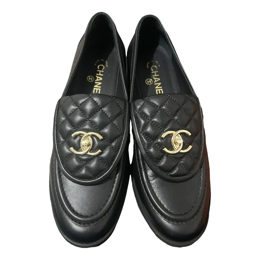 Authentic CHANEL Loafers Quilted Black Turnlock Interlock